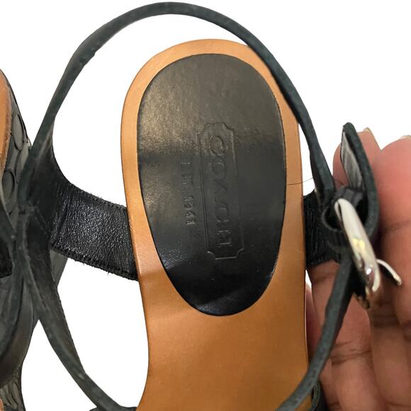 Coach Womens Elize Black Leather Signature Wedge Open Toe Strap Sandals Size 7M - Picture 9 of 13